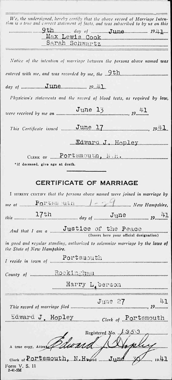 New Hampshire Marriage Records, 1637-1947 Name: Max Lewis Cook Event: Marriage Event Date: 17 Jun 1941 Event Place: Portsmouth,