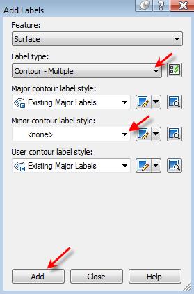 Label surface contours along the polyline (labeling major contour interval only) 1. Click Annotate tab Labels & Tables panel Add Labels menu Surface Add Surface Labels. 2.