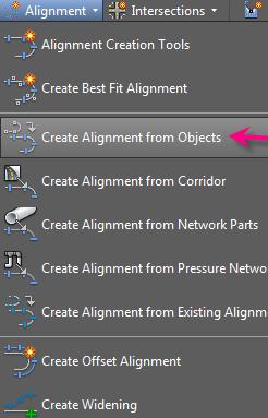 3. Select the polyline representing the main canal aligmnent. At the Select lines/arcs or polylines to create alignment: prompt, press Enter. 4.