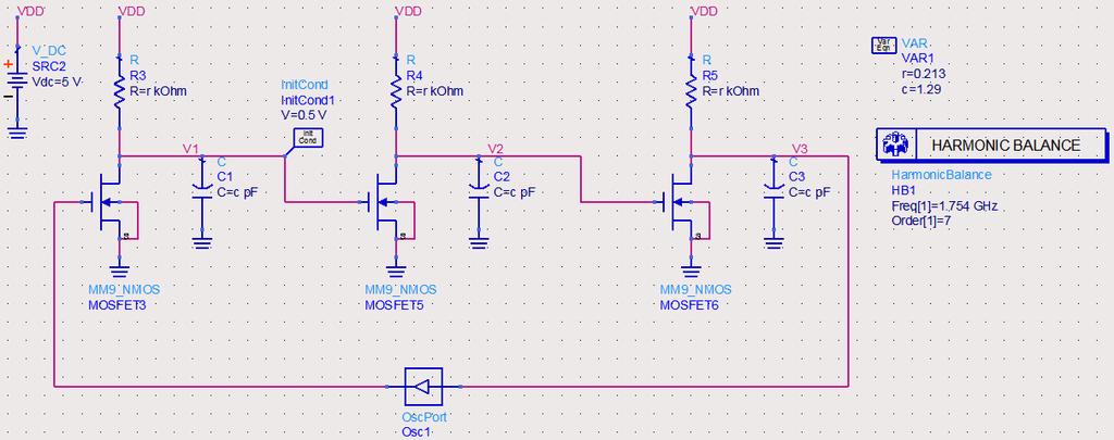 Fig. 17. The setup for harmonic balance simulation of the oscillator circuit.