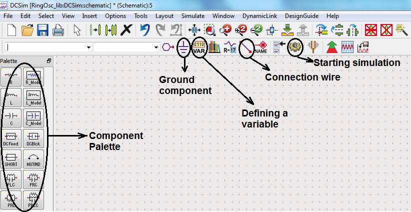 component Palette at the left side of the schematic window as