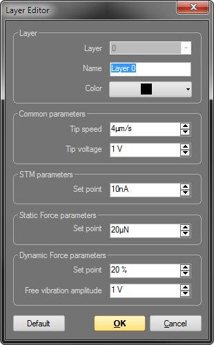 LITHOGRAPHY PANEL 12.3.1: Layer Editor dialog The Layer Editor sets the controller parameter values to be used during lithography. Layer Layer Displays the selected layer s number.