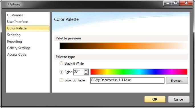 FILE MENU Color Palette The color palette dialog is reached via the menu item Options >> Config Color palette.... The color palette is used to map the display range of the measured values to a color.