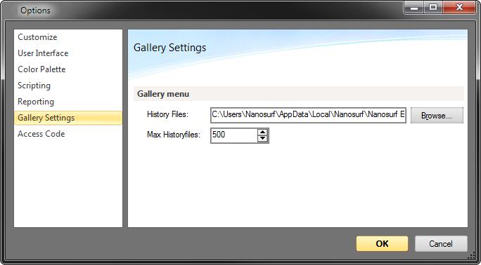 FILE MENU Gallery Settings History files Sets the directory where the temporarily (automatically) stored measurements (which are listed in the Gallery panel of the Info pane) are stored.