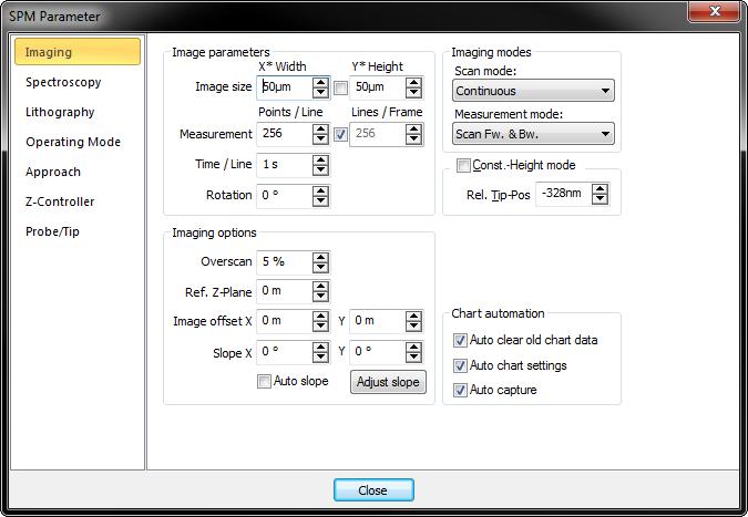 SPM PARAMETERS DIALOG The SPM Parameters dialog is divided into several (sub-)pages: Imaging (see Section 10.5.1: Imaging page (page 103)) Spectroscopy (see Section 11.6.