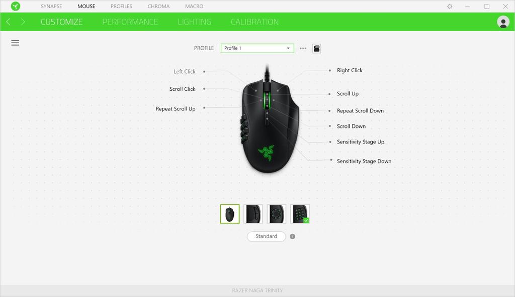MOUSE TAB The Mouse tab is the main tab for your Razer Naga Trinity. From here, you can change your device s settings such as button assignment, DPI sensitivity, and lighting.
