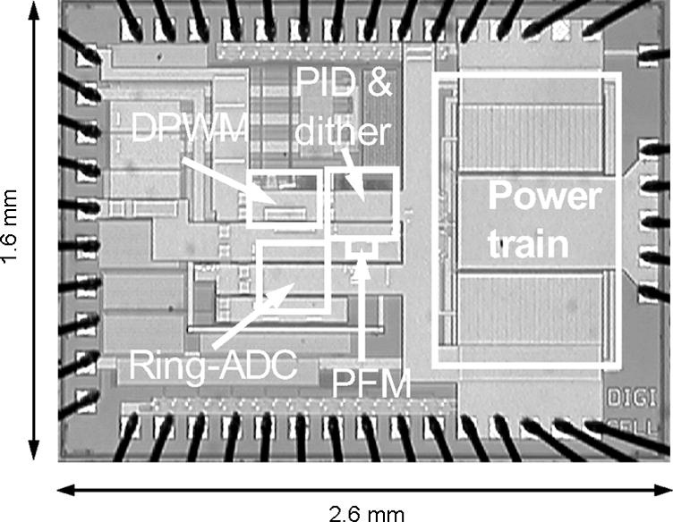 EXPERIMENTAL RESULTS The complete dual-mode digitally controlled buck converter IC is implemented in a 0.25- m CMOS process. The die photograph of the chip is shown in Fig. 7.
