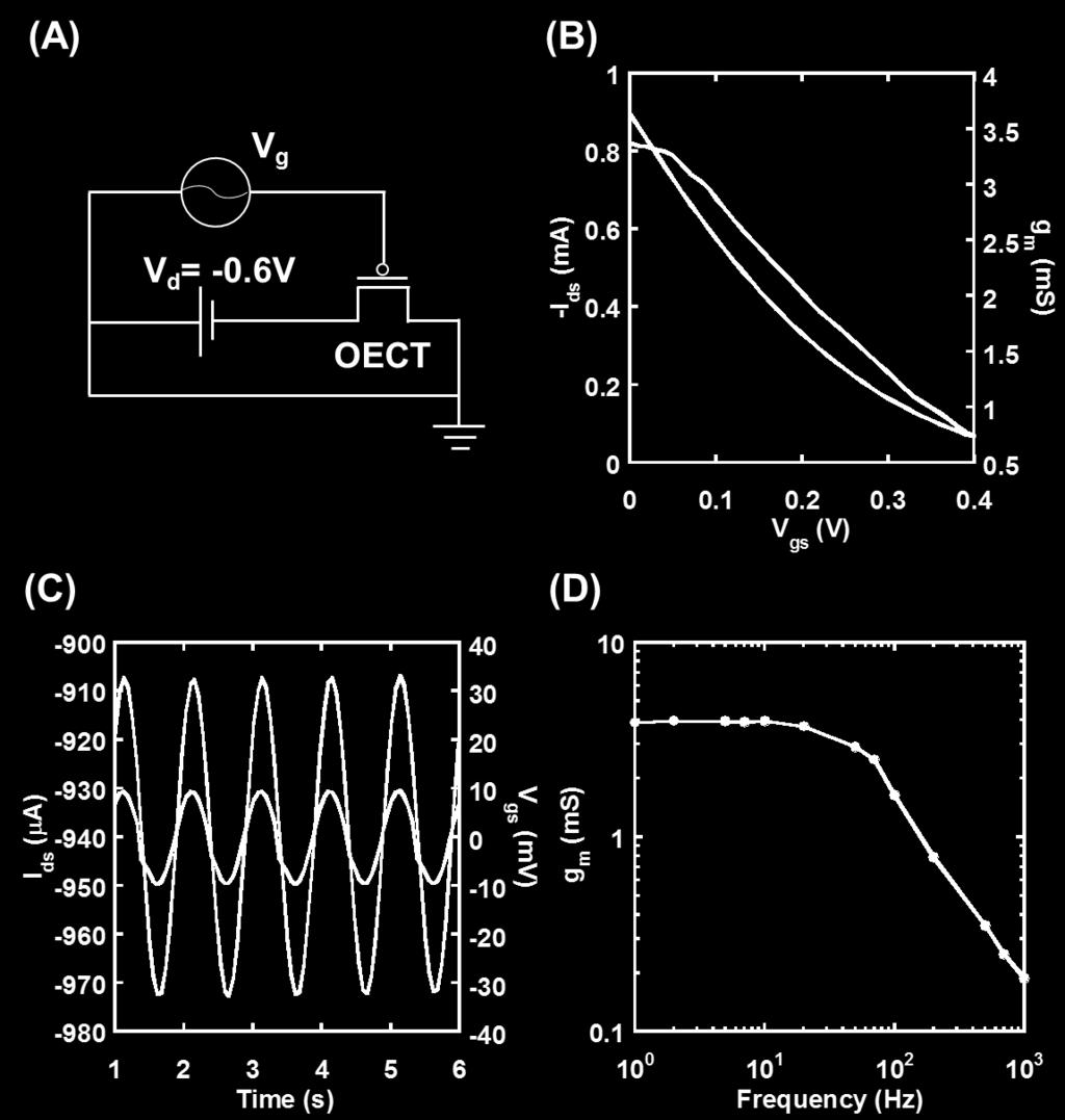 Figure S4: The bandwidth of the transparent OECT (W/L = 70 µm/20 µm) (A) The schematic of the measurement set-up (B) The I V curve of the transparent