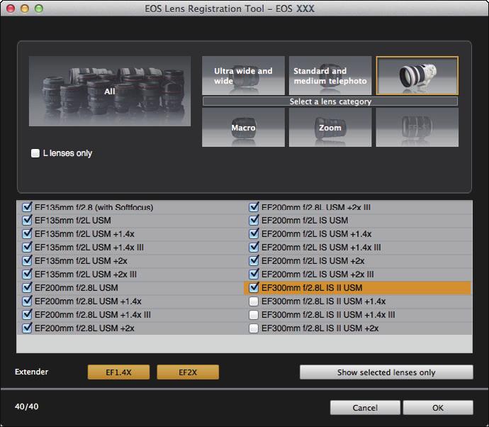 EOS cameras other than D X Mk II 5D Mk IV Click [Register lens aberration correction data]. Select the lens for which you want to register correction data and click the [OK] button.