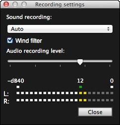 Specify settings. Sound recording list box Wind filter function Audio recording level slider Level meter Select [Auto], [Manual], or [Disable] from the list box.