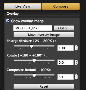 Enlarging/Reducing an Overlay Image An image displayed as an overlay (the overlay image) can be enlarged/ reduced from 5 to 00%. Use the Enlarge/Reduce slider to set the enlargement or reduction.