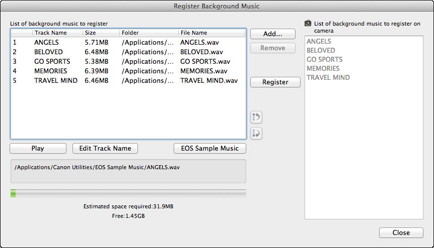 The music files in [List of background music to register] are registered (copied) to the camera s memory card.