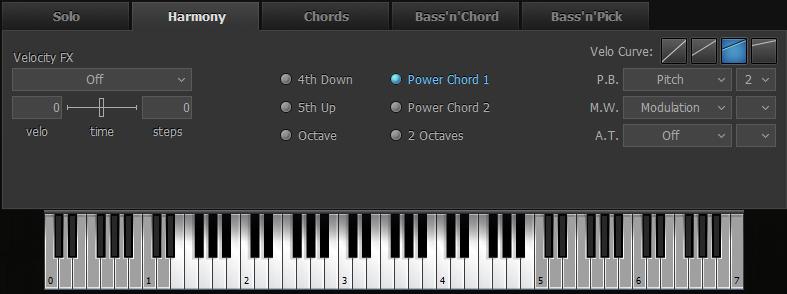 Harmony Mode Harmony mode window In this monophonic mode any key of the Main zone triggers an interval/chord based on the played note, previously chosen from following options: 4th down, 5th up,