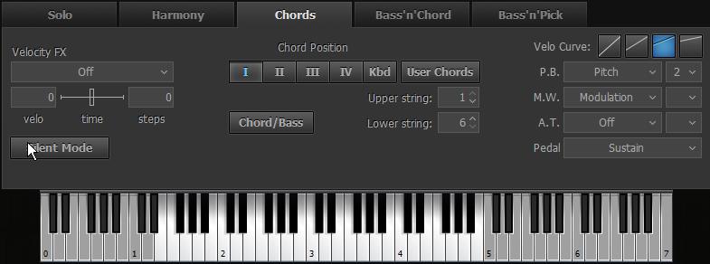Chords Mode Chords mode window In this mode RealStrat detects the chord played in the Main zone of the keyboard (the root note and the name of the chord appear on the black info screen), builds a
