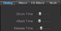 Right Menu bar In the Right Menu bar you can get access to Timing panel, 2 Mixer panels, and Wah-Wah Effect setting: Timing panel Strum time (20-60ms) - adjusts the time between the notes played in