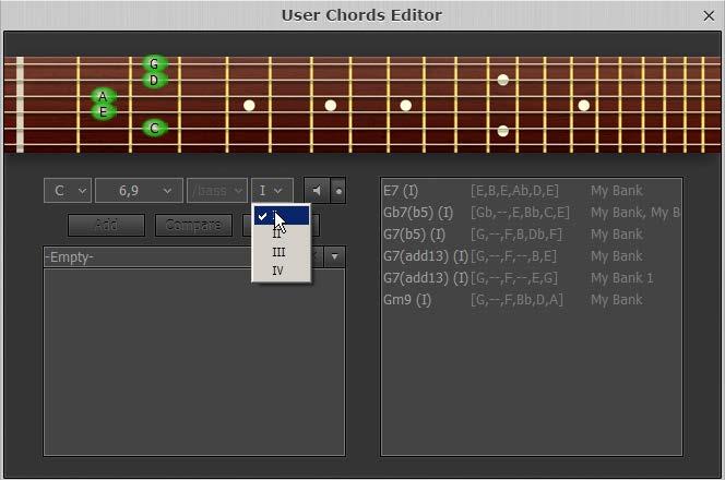 User Chords Chord Editor implemented in version 3 allows to easily change any factory chord to any fingering you want, and save edited chords within User Chord banks for future use.