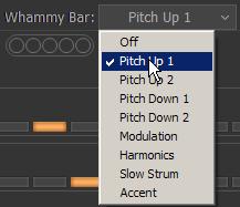 Whammy bar FXs Off - disabled Pitch Up 1 - Pitch bend up to semitone Pitch Up 2 - Pitch bend up to 2 semitones Pitch Down 1 - Pitch bend down to semitone Pitch Down 2 - Pitch bend down to 2 semitones