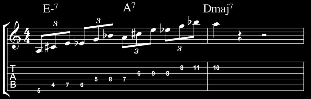 Tritone Triplet Lick Our next pattern lick uses two triads that are a b5 or tritone apart which in this example are A7 and Eb. A7 is the chord in content and Eb is the tritone substation of A7.
