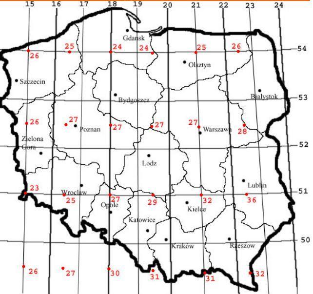 [23] The next step is to obtain the rain rate R 0.01 exceeded for 0.01% of the time (with an integration time of 1 min). In figure 16 a climatic global map of Poland with R 0.