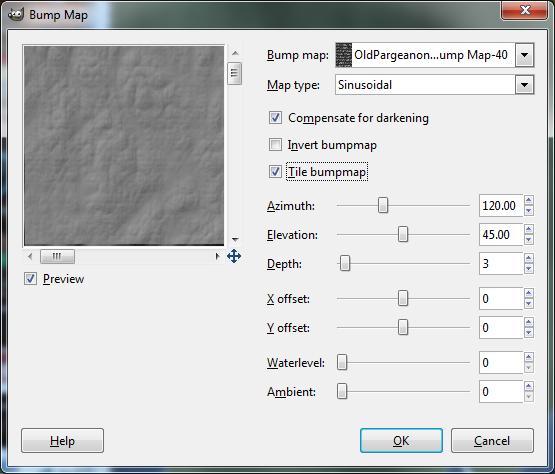 15. In the main image window, click Filters>Map>Bump Map. In the Bump Map dialog, click the dropdown next to Bump Map, and select the Grass Bump Map layer.