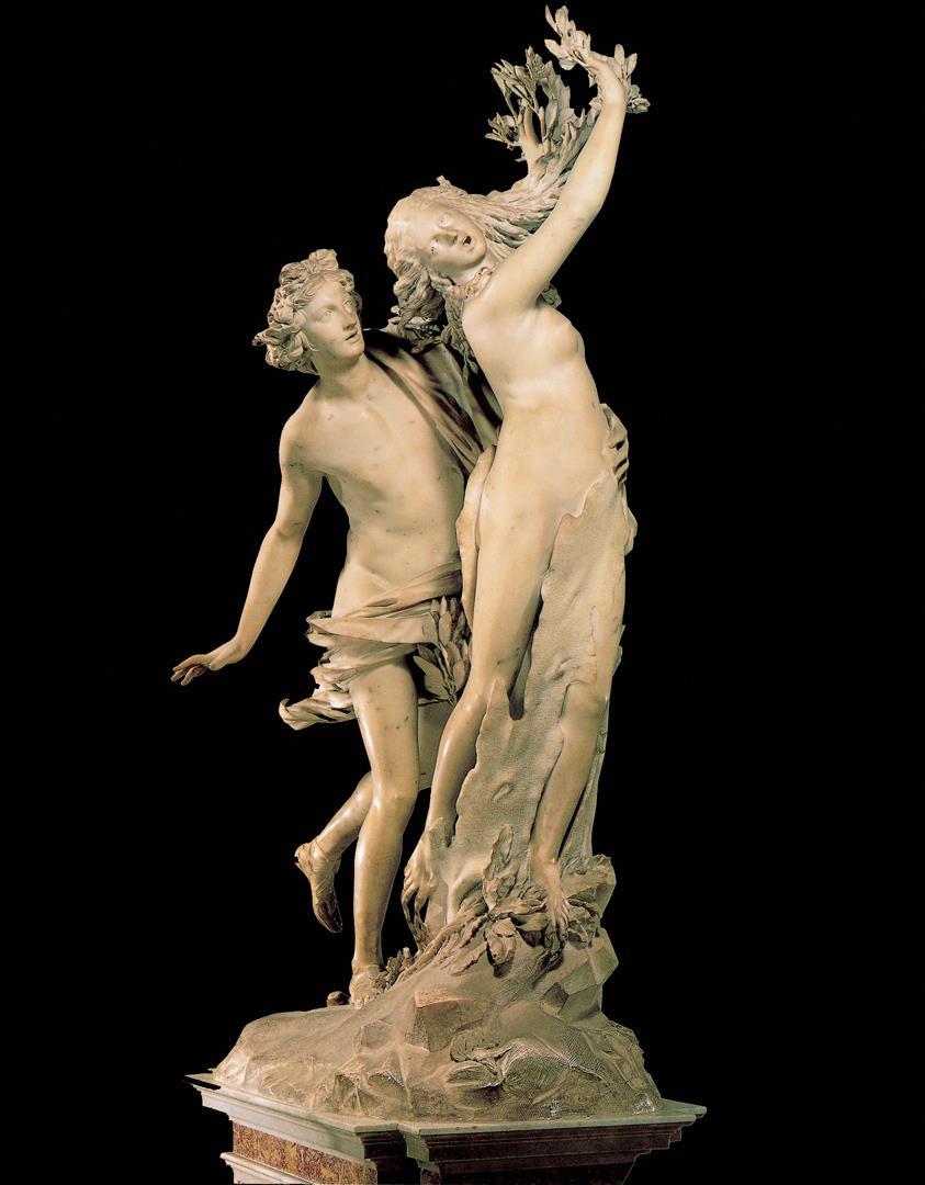 Illustrates a story from ancient Greek mythology in which the sun god Apollo falls madly in love with the wood nymph Daphne To convey the action, Bernini uses diagonal lines in the flowing
