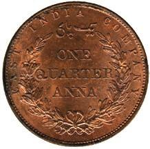 Copper ¼-Anna Die Trial, 1858, obv J.W. & CO.