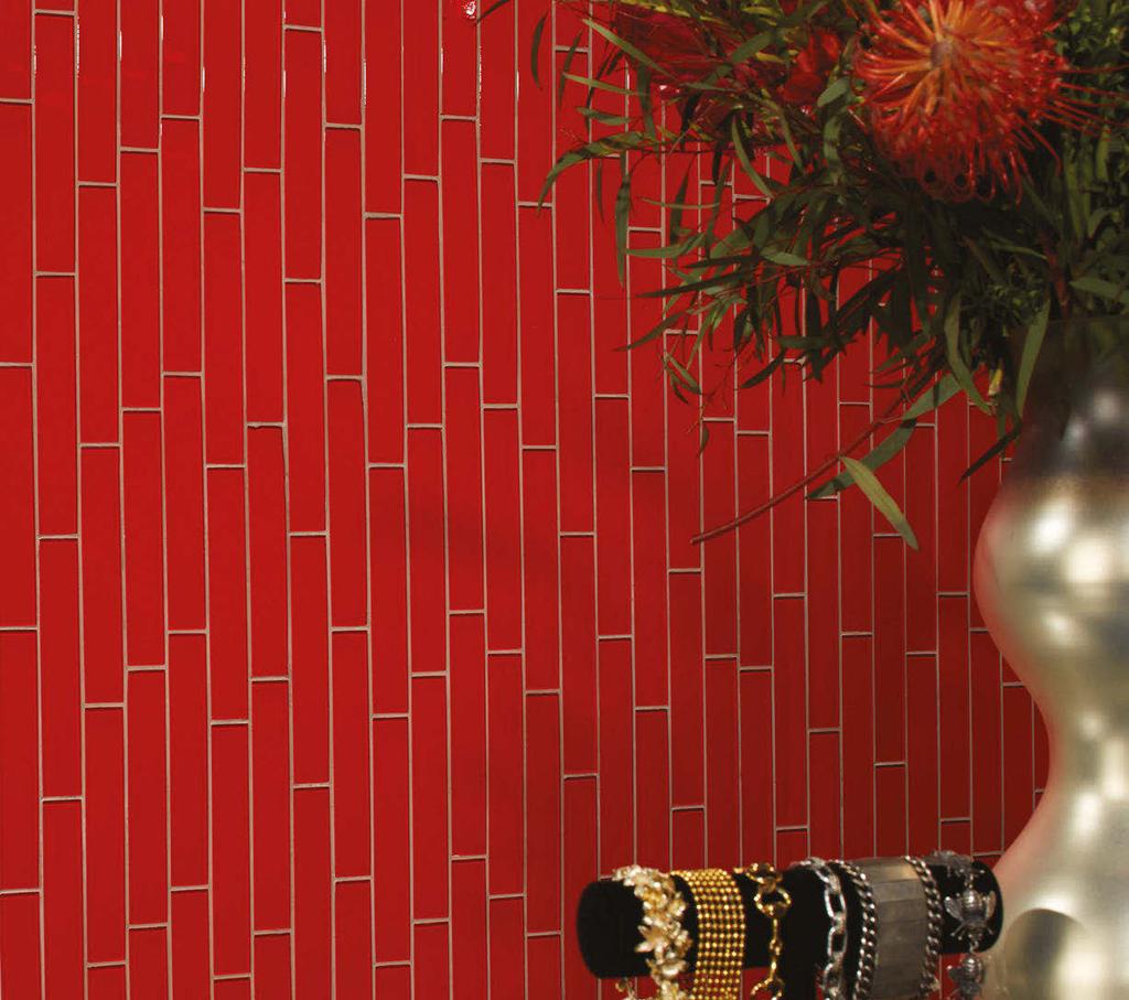 Cover photo features Evening Mixer 3" Block Random Mosaic on the wall. Above photo features Red Hot 2 x 12 liner in a vertical staggered brick-joint pattern on the wall.