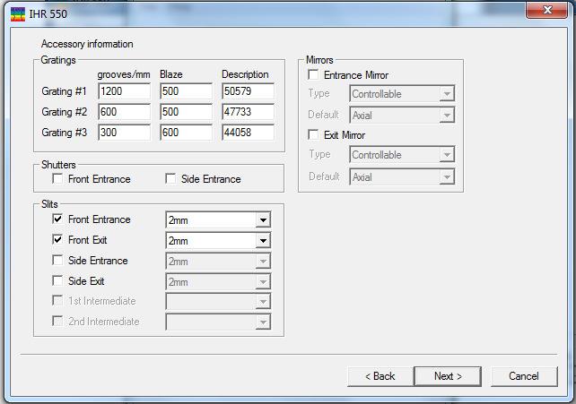 If the spectrometer is being configured for the first time, click the Add button and select the ihr550 option (the 550 refers to its