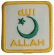 - Islam in Canada - Stage 1 1. R1023 4. Square; white, cotton: text ALLAH in English and Arabic in yellow stitching; crescent moon and star in green stitching; edge binding in yellow stitching.