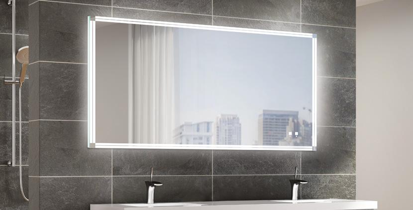 The Contempo Illuminated Mirror Collection The Contempo Illuminated Mirror exudes sleek, modern sophistication, with twin bands of lights framing the edge, capped by square mirror accents at the