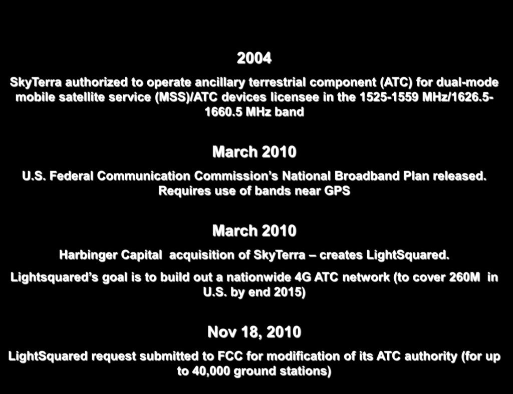 2004 SkyTerra authorized to operate ancillary terrestrial component (ATC) for dual-mode mobile satellite service (MSS)/ATC devices licensee in the 1525-1559 MHz/1626.5-1660.5 MHz band March 2010 U.S. Federal Communication Commission s National Broadband Plan released.