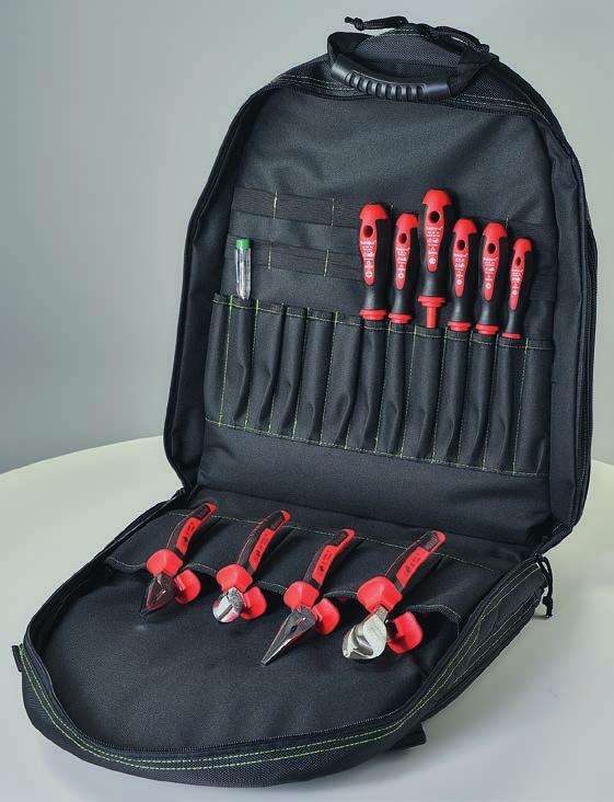 BackpackPro Basic 1000 V Tool backpack for the professional user, 3 compartments can be hinged upwards to the ground, front: without further inner compartments, middle: compartments for tools, rear: