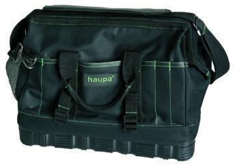 polyester, colour: black with green stiching. Art. no. 220265 440 x 500 x 220 mm 220265 360 2,14 kg HAUPA ToolBag Tool bag with inner and outer tool compartments, rubber-reinforced base.