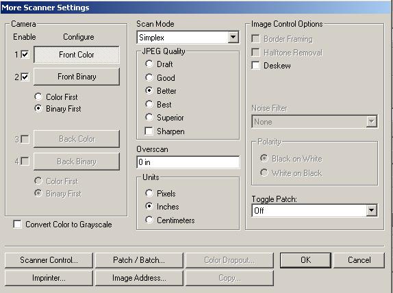 More Scanner Settings dialog box Additional image processing values unique to the i800 Scanner are