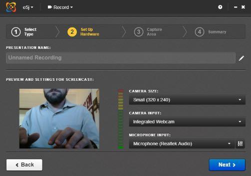 Creating a new video using MDR Recorder Settings The camera preview. The audio level meter Note: Once you click Record, you will see the Hardware Setup screen.