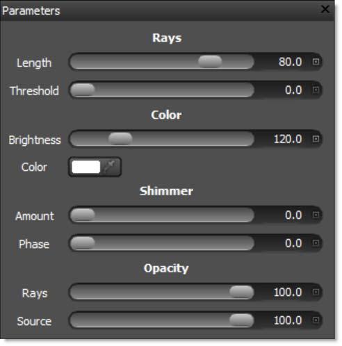16 Parameters PARAMETERS The Parameters window displays adjustable parameters. Adjusting the parameters will update and change the image in the Viewer. Controls Rays Length Sets the ray length.