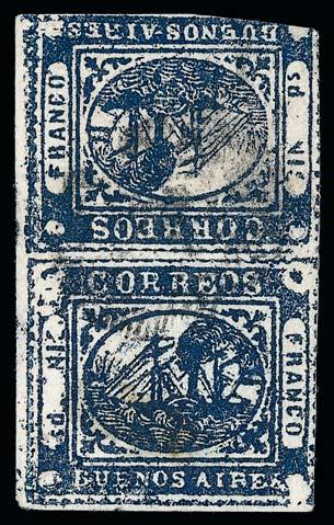 1859 (JANUARY) ONE-PESO ( IN PS ) BLUE THE ONLY SURVIVING TÊTE-BÊCHE PAIR 82 82 1859, 1p ( In Ps ) Deep Blue, Tête-Bêche (7d).