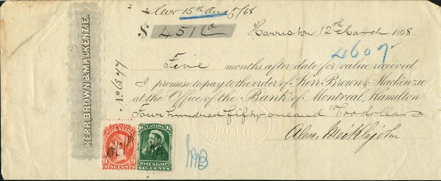 First bill issue revenues are rare on document - $250 (±US$200) 1868 Harriston, ON note.