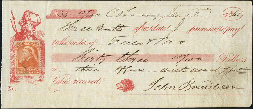 1865 Cobourg, ON $33.10 note. FB39-2c orange pays the rate.