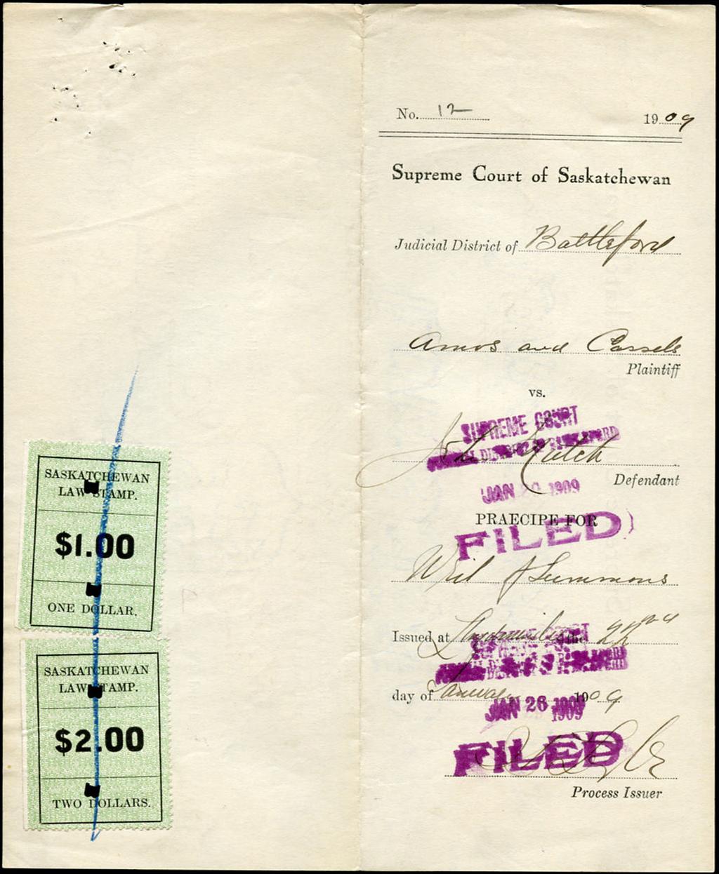 152 years old document - $75 (±US$60) 1909 Supreme Court of Saskatchewan Praecipe for Writ of Summons.