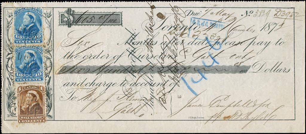 1872 Toronto, ON $605.08 note. The required 21c fee paid with FB37-1c brown and 2 x FB47-10c blue.