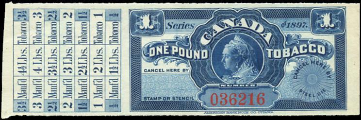 1897 Canada Tobacco Stamps. All in pristine unused condition, no gum as issued.