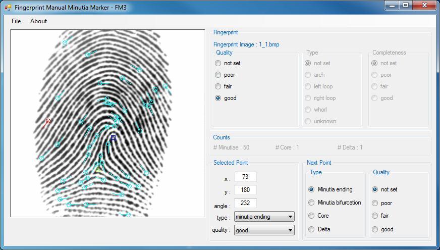 Manually Marked Minutia Databases With the FM3 tool summarized in Section 2, this manuscript s authors performed the manual feature marking of all the fingerprint images of the following four FVC