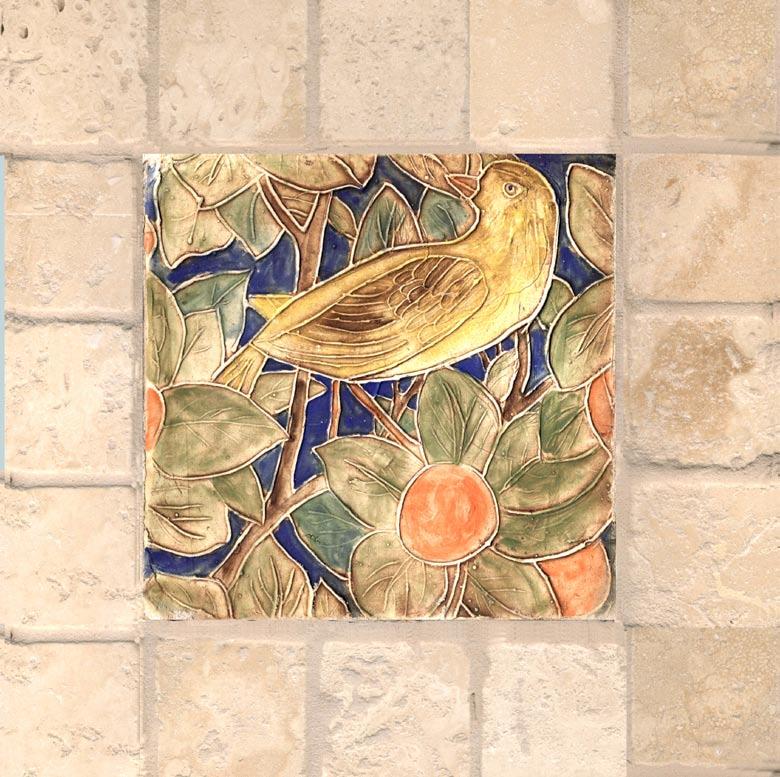 Inspired by the Woodpecker Tapestry created by William Morris for the Arts & Crafts Exposition of 1898 these colorful 6 x 6 porcelain tiles would look beautiful around