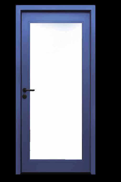 These doors have an outer steel frame and the glass panel mounted centrally.