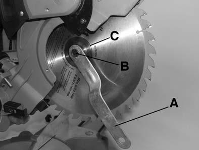 Completely depress the spindle lock button (A) Fig. 20 using one hand. Rotate the blade by hand until the spindle locks. 7. Use the blade wrench (A) Fig.