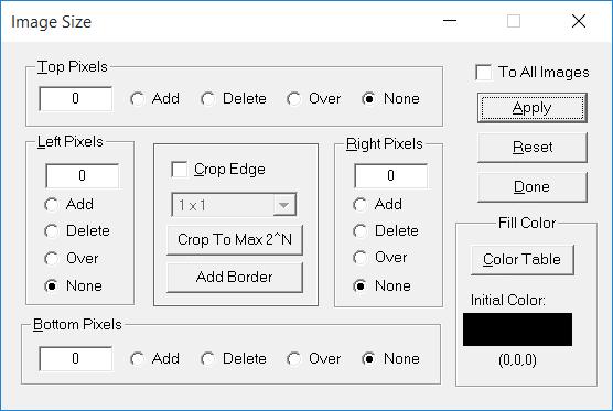 Image Size The Image Size command is used to add, delete, or overwrite edge pixels of an image. Activates the Image Size dialog box from the left vertical toolbar.