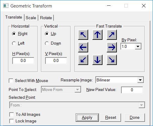 Transforms - Translate The Geometric Translate command is used to shift an image. This command can be used to align a set of images with a reference image by using the Select With Mouse feature.