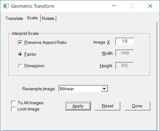 Transforms Scale The Geometric Scale command is used to change the size of an image. The images aspect ratio can be preserved or the width and height can be adjusted separately.