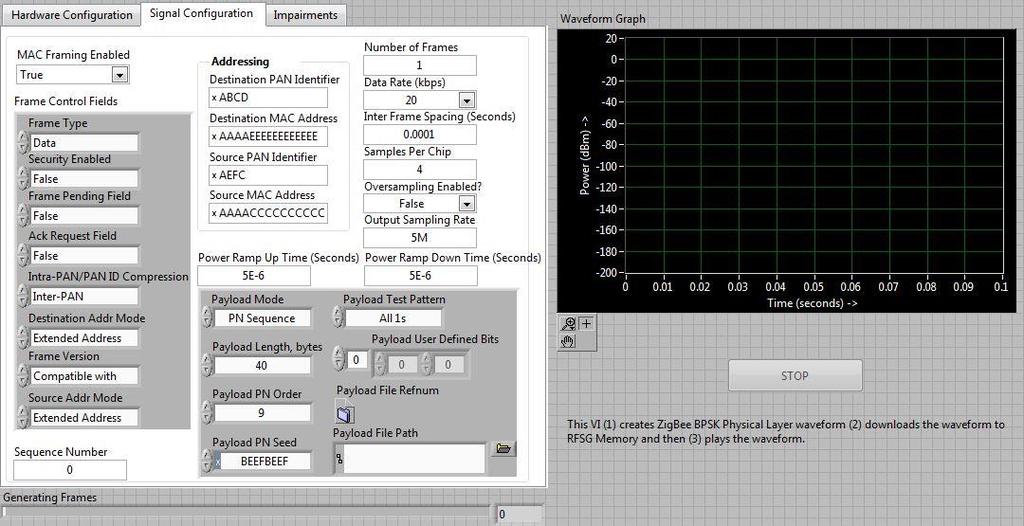 4.1.2 MaxEye ZigBee BPSK Signal Generation 4.1.2.1 MaxEye ZigBee BPSK Signal Generation (Data Frame) This Example is used to generate ZigBee Data Frame.